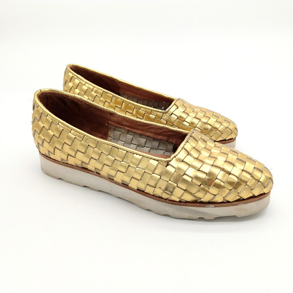 Jeffrey Campbell Gold Woven Platform Loafers Size 7.5 Ibiza Slip On Metallic - Picture 1 of 7